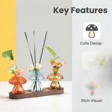 3/5 Mushroom Shaped Small Vase With Wooden Base, Hydroponic Plant Growing Station, Home Office Desk Decor, Cute Mushroom Asymmetric Bottle Body - 3pcs - View 6
