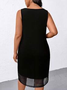 Women's Sleeveless Round Neck Zipper Short Viscose Dress With Tulle Detail, 31555 - Black - View 2