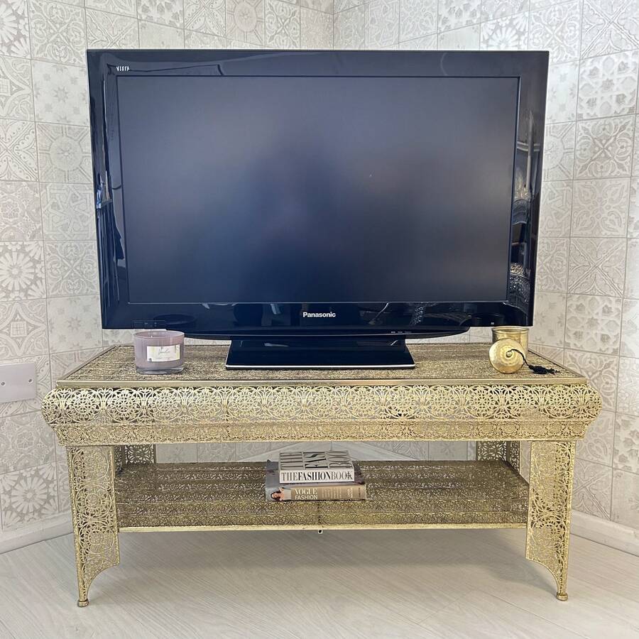 DOWNTON INTERIORS UK Gold TV Stand Unit With Shelf Embossed Metal Moroccan Style - Gold - View 1