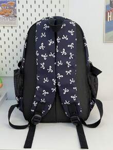 New Semester Student Backpack; Bow Print Backpack, Suitable For Primary And Secondary School Students - Navy Blue - View 4