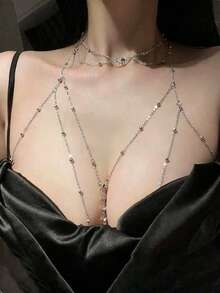 2pcs Exquisite Rhinestone Beaded Women Body Chain, Spring/Summer Decorative Style, Sexy And Charming, Suitable For Ball And Party Decoration - Silver - View 3