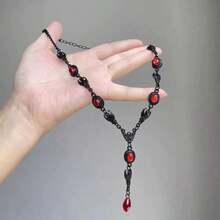 1pc Gothic Punk Deep Red Bat Water Drop Pendant Necklace Women's Halloween Jewelry New Accessory - Black and Red - View 3
