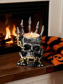 1 pieza Portavelas de mano de esqueleto gótico, decoración de Halloween con vela de té encendida, cadena espeluznante y dedos de hueso, centro de mesa de terror para fiesta en casa o casa embrujada - A - Ver 6