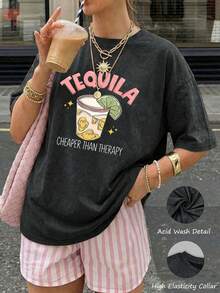 Camiseta de mujer casual y suelta de manga corta con efecto lavado, con estampado gráfico del número 84, camiseta deportiva vintage, inspirada en el estética y el s(only 1 Camiseta) - Negro - Ver 1