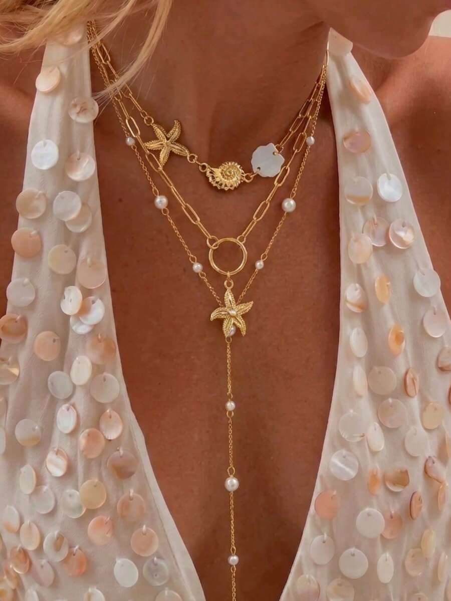 3pcs/Set Bohemian Style Layered Starfish Pearl Y-Shaped Necklace Gold Tone Shell Long Chain Pendant Bikini Body Jewelry Beach Vacation - Yellow - View 1