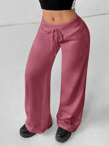 PETITE Pantalones Deportivos de Mujer de Tejido Liso, Cómodos y Casuales, de Cintura Baja y Pierna Ancha, Ropa de Otoño para Mujer, Ropa de Invierno para Mujer - Color caoba - Ver 1