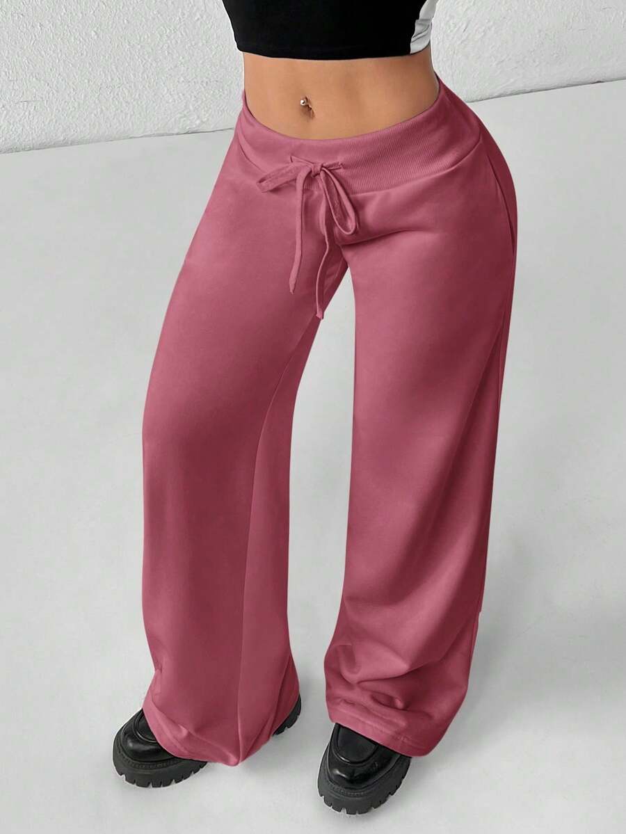 PETITE Pantalones Deportivos de Mujer de Tejido Liso, Cómodos y Casuales, de Cintura Baja y Pierna Ancha, Ropa de Otoño para Mujer, Ropa de Invierno para Mujer - Color caoba - Ver 1