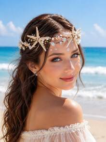 Bohemian Ocean Style Mermaid Headband, Realistic Starfish & Pearl Bridal Hair Hoop, Versatile Ocean-Themed Bridal Accessory For Wedding Dress Photoshoot - Multicolor - View 3