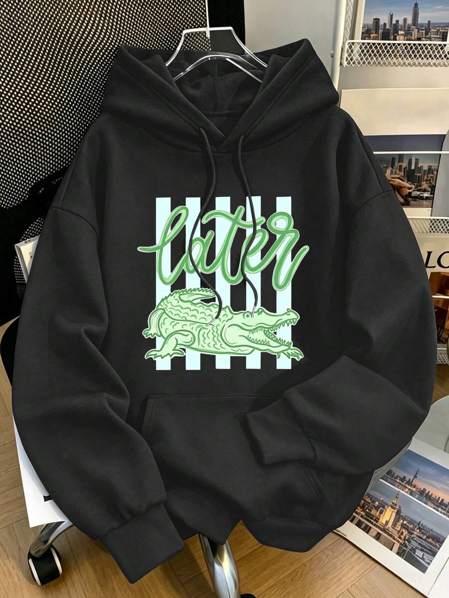 Women's Plus-Size Casual Hoodie With Pockets – Featuring Lettering And Crocodile Prints – American Street-Style Autumn/Winter Hoodie - Black - View 1