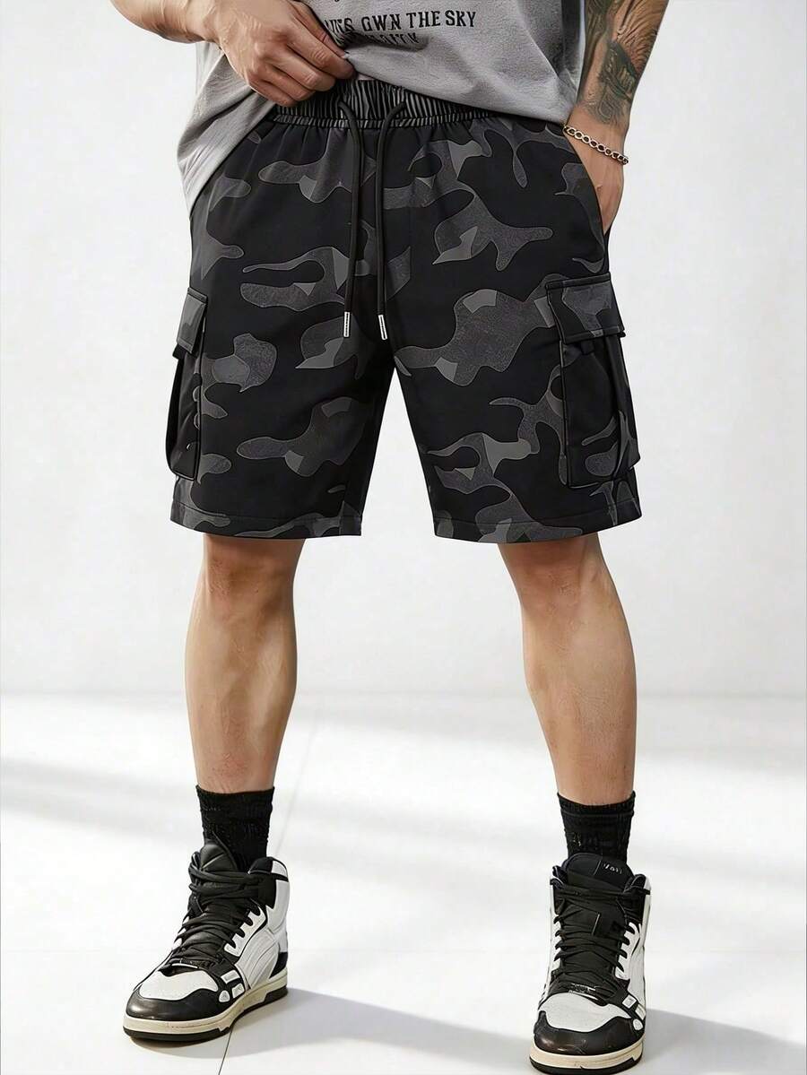 Men's Summer Camouflage Cargo Shorts, Casual Outdoor Shorts Sports - Black - View 1