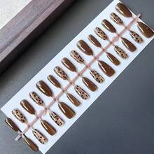 10pcs Glossy Short Oval Press-On Nails, Brown Cat Eye Leopard Print, Reusable, Women's Nail Art Supplies - Brown - View 4