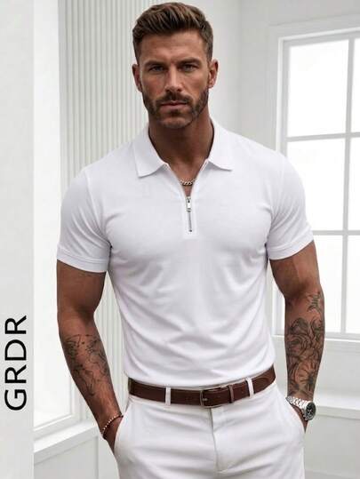 GRDR Herren Sommer Poloshirt mit Reißverschluss am Kragen und Kurzarm, einfarbig klassisch, geeignet für lässige Outdoor-Bekleidung