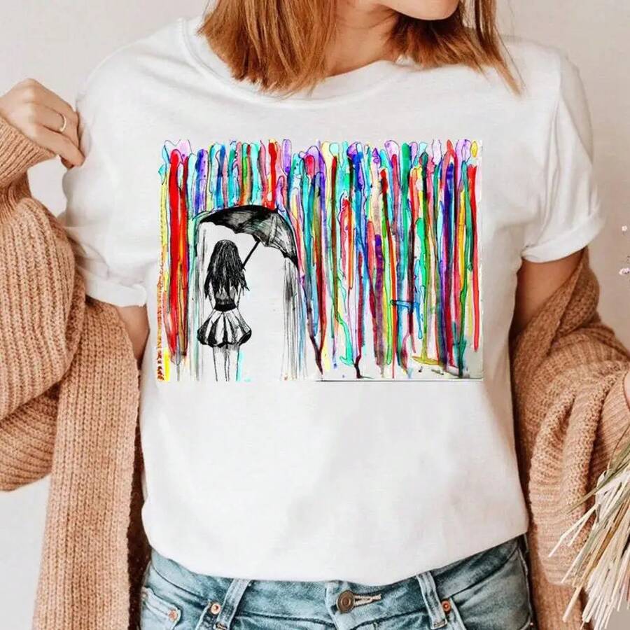 Women's Short Sleeve Creative Geometric Print Round Neck T-Shirt Harajuku Tops - Black - View 1