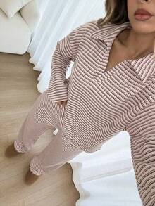 unto de 2 piezas para mujer con camiseta de manga larga de hombros caídos y cuello en V a rayas holgada y pantalones a rayas con cintura elástica, traje de suéter de invierno, otoño/invierno - Rosa Pálido - Ver 2