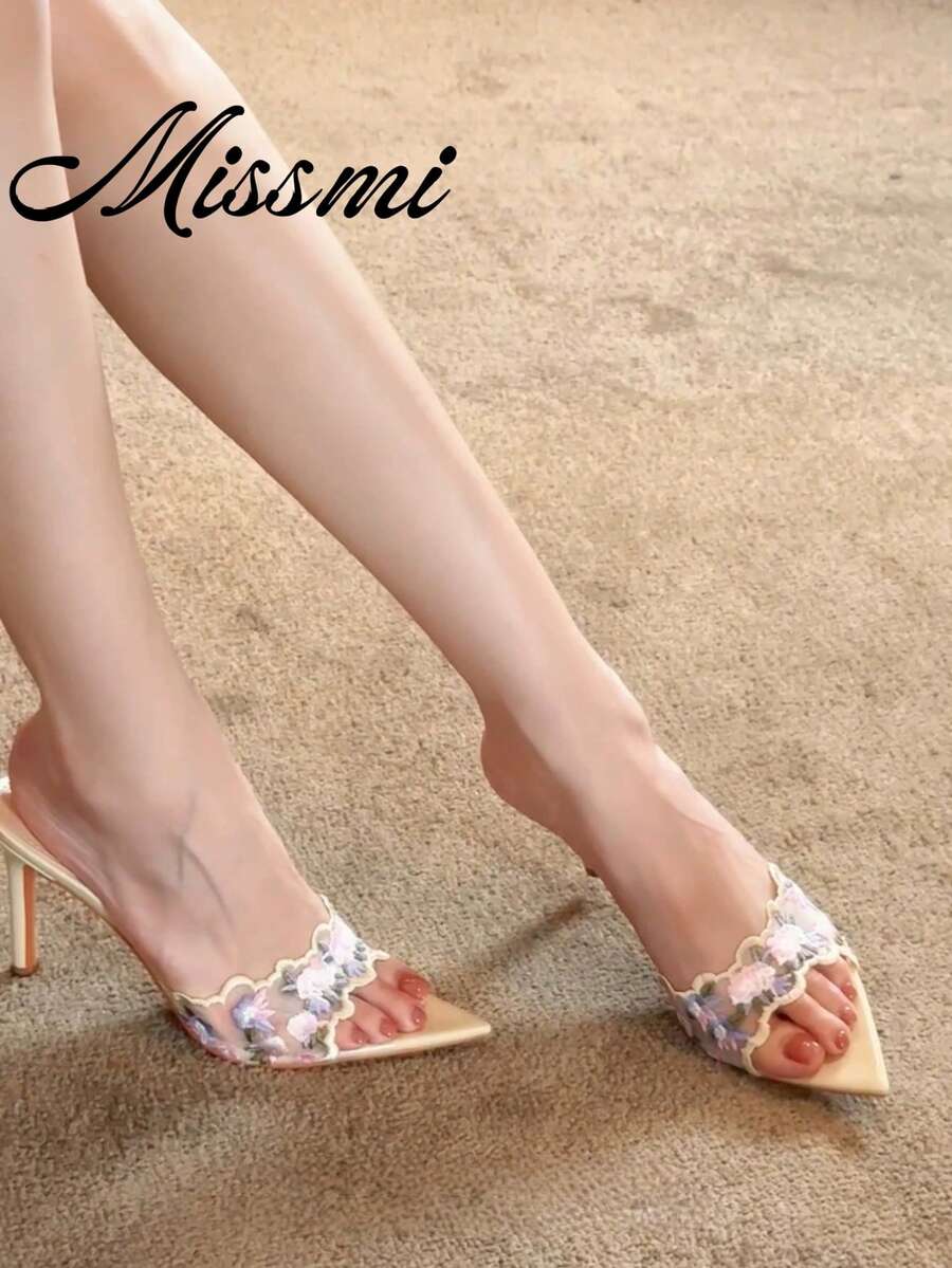 2026新款女款露趾 peep toe 透視網布刺繡裸色復古風戶外穿著細跟高跟涼鞋 - 杏色 - 查看 1