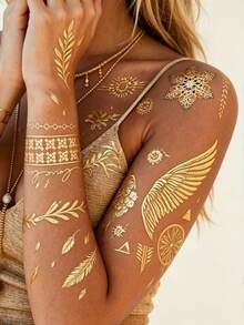 3 buah Stiker Tato Sementara Foil Emas Modis - Tahan Air, Hipoalergenik, Mudah Dipasang dan Dilepas, Cocok untuk Wanita - Sempurna untuk Acara Spesial - Emas - View 6
