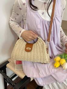 Borsa in paglia beige con tracolla regolabile e rimovibile, design leggero e portatile con chiusura a torsione, e texture intrecciata alla moda e versatile. Ideale per vacanze, spiaggia o shopping. - Beige - Visualizzare 5