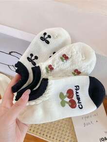 5 pares de calcetines cortos de mujer de verano con diseño de cereza, calcetines tipo barco, calcetines invisibles, calcetines de malla de algodón fino, diseño de dibujos animados lindos - Multicolor - Ver 4