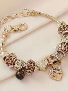 1pc Personalized DIY Beaded Bracelet, Leopard Print Beads, Heart Butterfly Star Charms, Adjustable, Christmas Gift, Versatile Daily Accessory For Kids - Multicolor - View 4