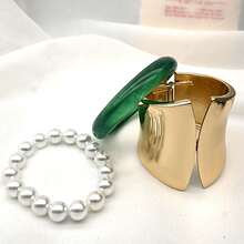 GNIT Green Jade Resin & Wide Gold Cuff Pearl Bracelet Set For Women, 3PCS/1pc Stackable Chunky Bangles Vintage Old Money Oriental Statement Jewelry Set - Gold, Green-veined Pearl - View 5