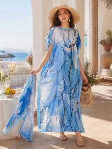 Women's Lightweight 2 Pieces Headscarf Set, Light Blue Watercolor Branch Print Long Satin Kaftan Robe + Matching Silk Scarf, Suitable For Spring, Summer, Autumn - Multicolor - View 7