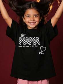 Fun T-Shirt With Heart Text Print, Round Neck, Comfortable Fashion For Kids, Casual Style, Fun And Creative, For Everyday Wear - Black - View 1