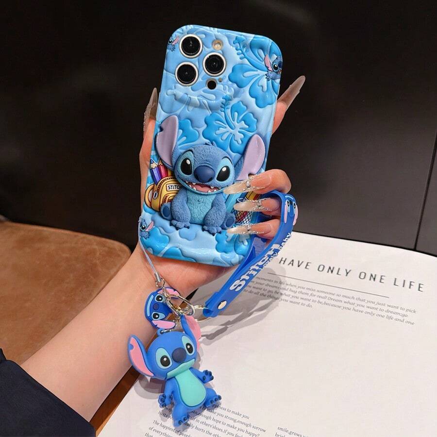 Disney Lilo And Stitch Phone Case : 3D Fluffy Pattern Border Protector Phone Soft Phone Case With A Free Cute Stitch Bracelet Chain Lanyard, Stitch, Lilo, Angel, For Apple 17 Promax 17 Pro 16 15 14 13 12 11 Pro Max XS Max X XR Soft Cover Summer Phone Case - 白色 - 查看 1