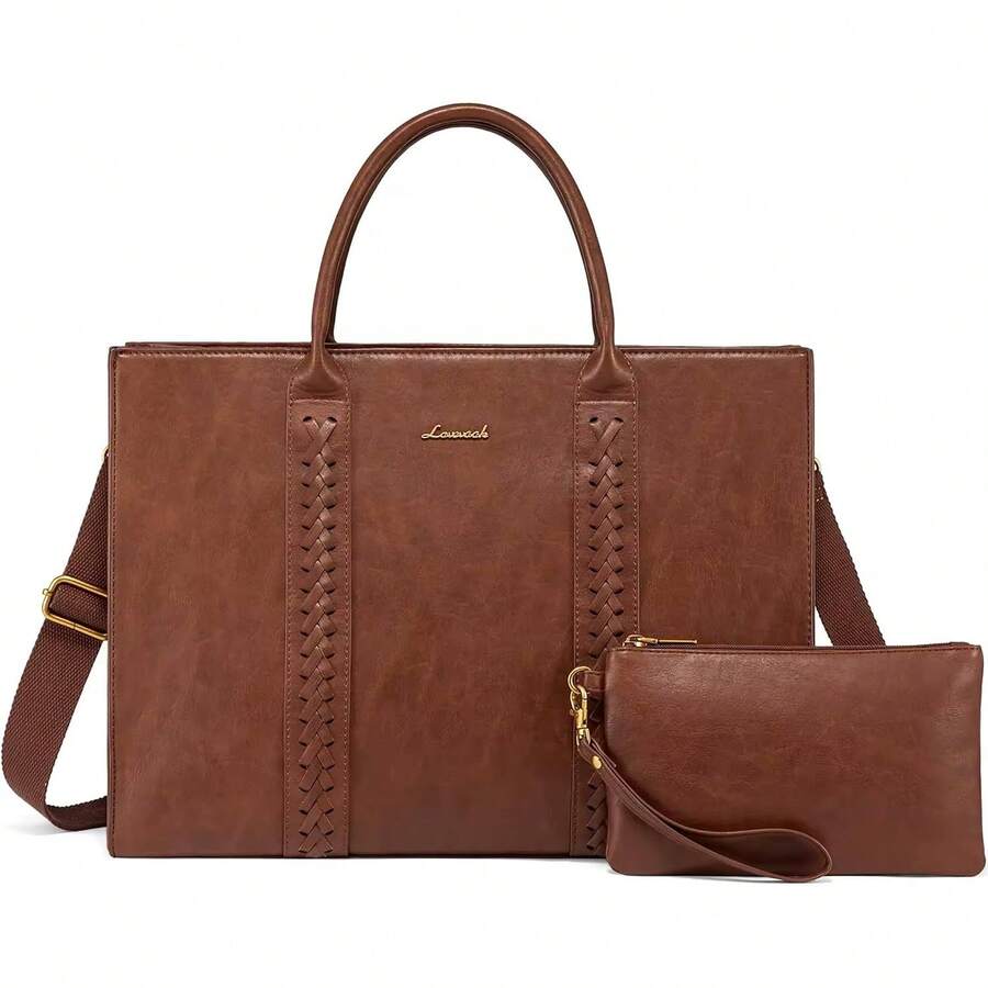 Bolsas de Mujer para Laptop 15.6 Pulgadas Impermeable Bolsa Trensada Tote Grande Maletín de Negocios Bolsa de Mano - Marrón - Ver 1