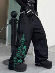 Hearty Haven 1件裝 男士時尚街頭風刺繡寬腿鬆身長褲，舒適四季百搭牛仔褲，不含腰帶與配件 - 黑色 - 查看 10