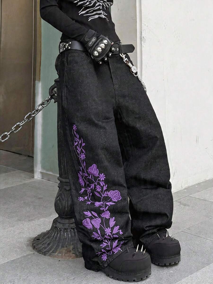 Hearty Haven 1件裝男士時尚街頭風刺繡寬腿鬆款舒適四季百搭牛仔褲－不含腰帶與配件