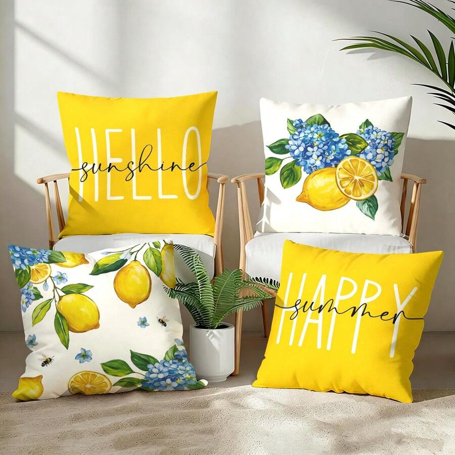 4件組檸檬與繡球花枕套,印有「HELLO Sunshine」與「HAPPY Summer」文字,鮮豔檸檬與繡球花印花,拉鍊封口設計,適用於沙發、椅子、床上用品、戶外庭院裝飾、海灘,可機洗夏季床上用品(雙面印花,不含枕芯) - 彩色 - 查看 1