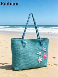Summer Beach Bag, Straw Woven Large Capacity Women's Handbag, Decorated With Sunflowers And Starfish, Perfect For Beach Vacation, Shopping And Dating - Blue - View 11