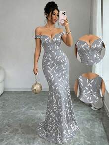 Elenzya Vestido de sirena ajustado con hombros descubiertos, de malla y lentejuelas elegante para mujer - Negro - Ver 8