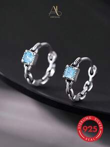 1 Pair Vintage Distressed S925 Sterling Silver Chain Square Light Blue Zirconia Ear Cuffs, Suitable For Women's Daily Commute, Couple Wear, Street Style, Birthday, Anniversary And Holiday Gifts - Antique Silver - View 3