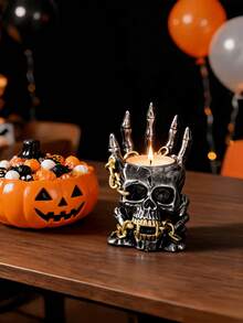 1 pieza Portavelas de mano de esqueleto gótico, decoración de Halloween con vela de té encendida, cadena espeluznante y dedos de hueso, centro de mesa de terror para fiesta en casa o casa embrujada - A - Ver 3