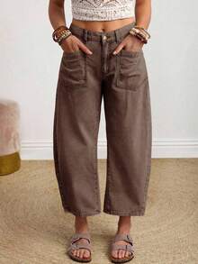 Women's Solid Color Pocket Design Fashionable Summer Versatile Jeans Brown Jeans Loose Jeans Wide Leg Jeans Brown Wide Leg Pants - Azul - Ver 11