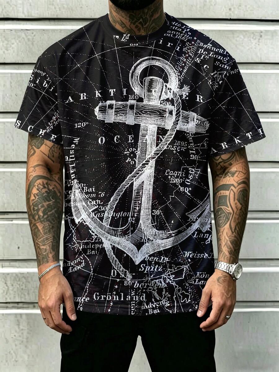 Men's Plus Size Anchor Nautical Map Round Neck Short Sleeve T-Shirt