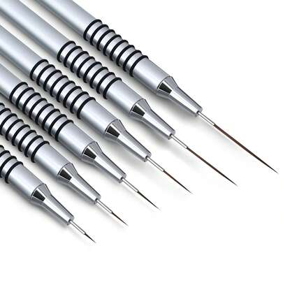 LANDOT Metallic Nail Art Brushes, 6Pcs Non Slip Liner Brush Set, UV Gel Polish Painting Art Design Pen For Long Lines, Thin Details, Fine Drawing Sizes 5/7/9/11/20/25mm(Silver)