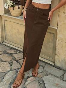 Women's Casual Commuter Denim Skirt With Pockets And Side Slit - Coffee Brown - View 1