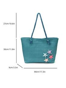Summer Beach Bag, Straw Woven Large Capacity Women's Handbag, Decorated With Sunflowers And Starfish, Perfect For Beach Vacation, Shopping And Dating - Blue - View 6