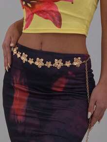 1pc Vintage Exaggerated Asymmetrical Floral Body Chain, Metal Carved Waist Chain, Beach Vacation Party Jewelry Body Accessory - Multicolor - View 7