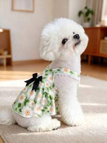 Sweet Green Daisy Pattern Puppy Dress -- Breathable Summer Princess Outfit With Large Ribbon, Suitable For Teddy/Bichon -- Cute Large Back Bow And Anti-Shedding - Green - View 9