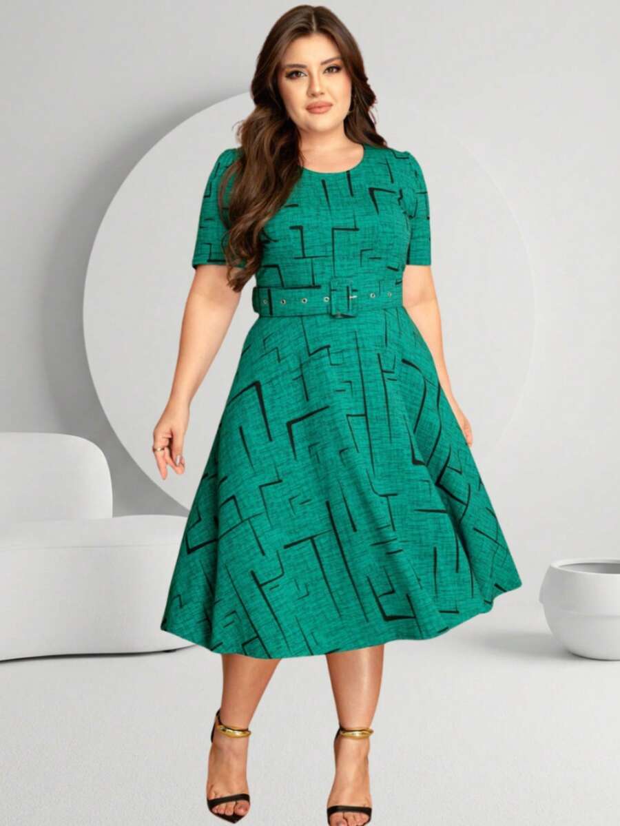 Midi Dress With Flared Skirt, Belt, And Geometric Print. - Green Flag - View 1