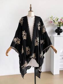 1 buah Syal Belah Bordir Motif Bunga Elegan Gaya Bohemian untuk Wanita, Kimono, Sarung, Pakaian Luar Musim Semi Musim Panas untuk Liburan Pantai, Perlindungan Matahari, Perlindungan UV, Kardigan Bordir, Modis, Serbaguna, Mewah, Dekoratif, Cocok untuk Sehari-hari, Pilihan Hadiah yang Serasi - Hitam - View 2
