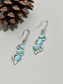 1 Pair Creative Curved Wave-Shaped Inlaid Aquamarine Cat Eye Gemstone Swinging Earrings - Blue - View 2