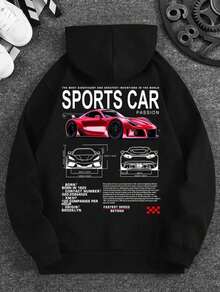 Sudadera con capucha para hombre estilo urbano con estampado de coche deportivo, esencial para el invierno, poliéster casual, ajuste regular, tejido de punto con elasticidad, detalle gráfico - Negro - Ver 1