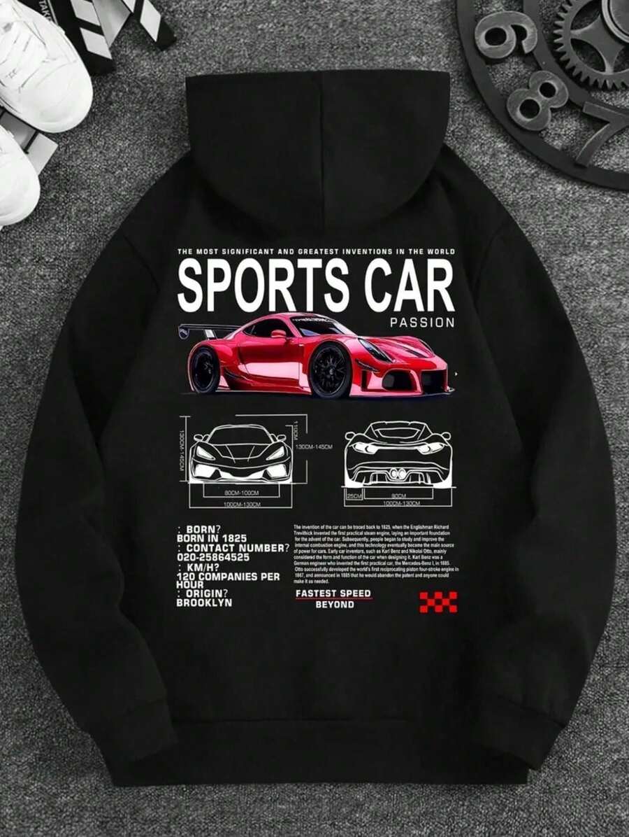 Sudadera con capucha para hombre estilo urbano con estampado de coche deportivo, esencial para el invierno, poliéster casual, ajuste regular, tejido de punto con elasticidad, detalle gráfico - Negro - Ver 1