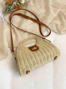 Borsa in paglia beige con tracolla regolabile e rimovibile, design leggero e portatile con chiusura a torsione, e texture intrecciata alla moda e versatile. Ideale per vacanze, spiaggia o shopping. - Beige - Visualizzare 7