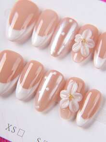 12pcs Y2K Style Short Round Handmade Press-On Nails, Minimalist White Polka Dot Design With 3D Carved Pattern, Suitable For Women And Girls Party And Daily Wear, Also As A Gift - Apricot - View 3