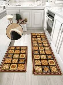 1pc Khaki Floral Tile Pattern Rubber Kitchen Mat, Absorbent And Easy To Clean, Suitable For Kitchen, Bathroom And Other Areas, Suitable For Year-Round Use, Suitable For Various Holidays - Multicolor - View 2